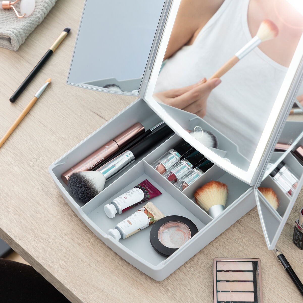 3-In-1 Folding LED Mirror with Make-up Organiser