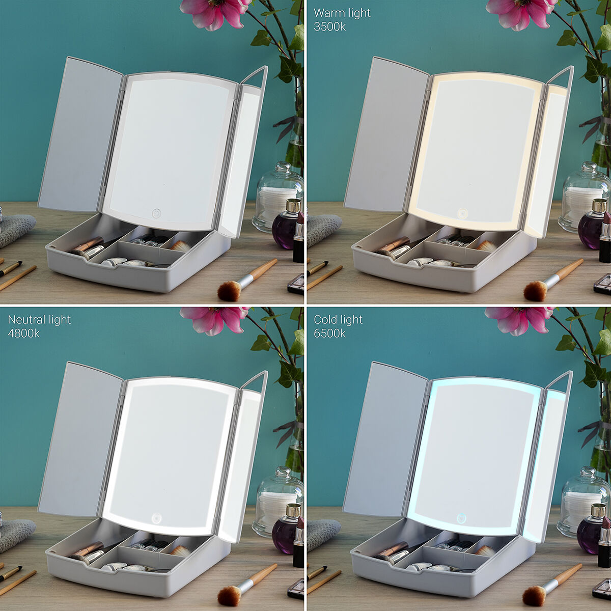 3-In-1 Folding LED Mirror with Make-up Organiser
