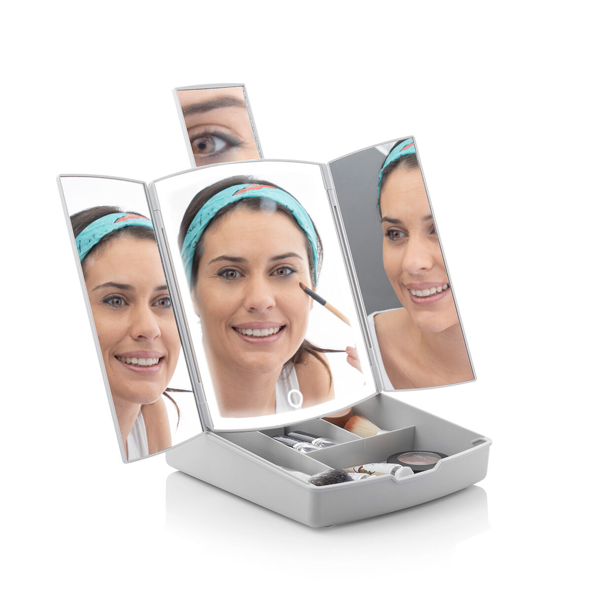 3-In-1 Folding LED Mirror with Make-up Organiser
